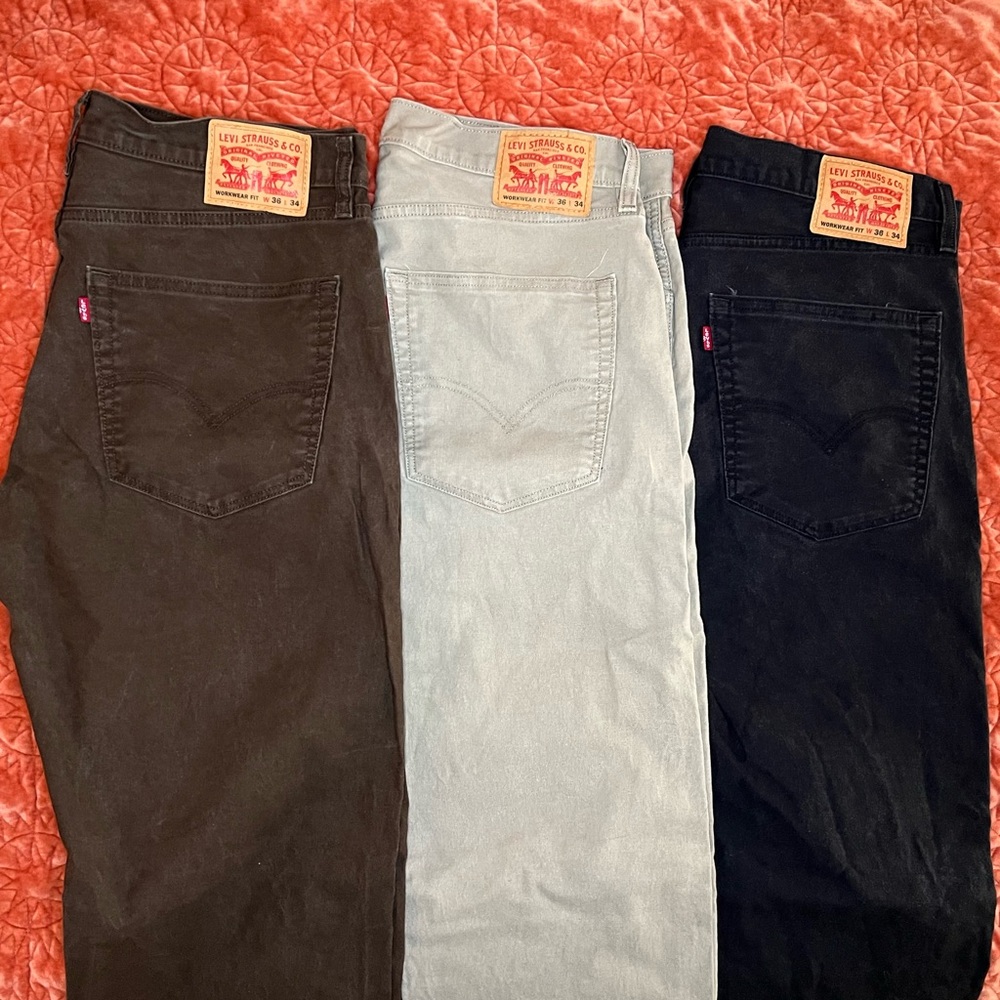 Lot of 3 Pairs of Levi’s Workwear Straight Fit 36x34 Pants, Brown, Tan, Black